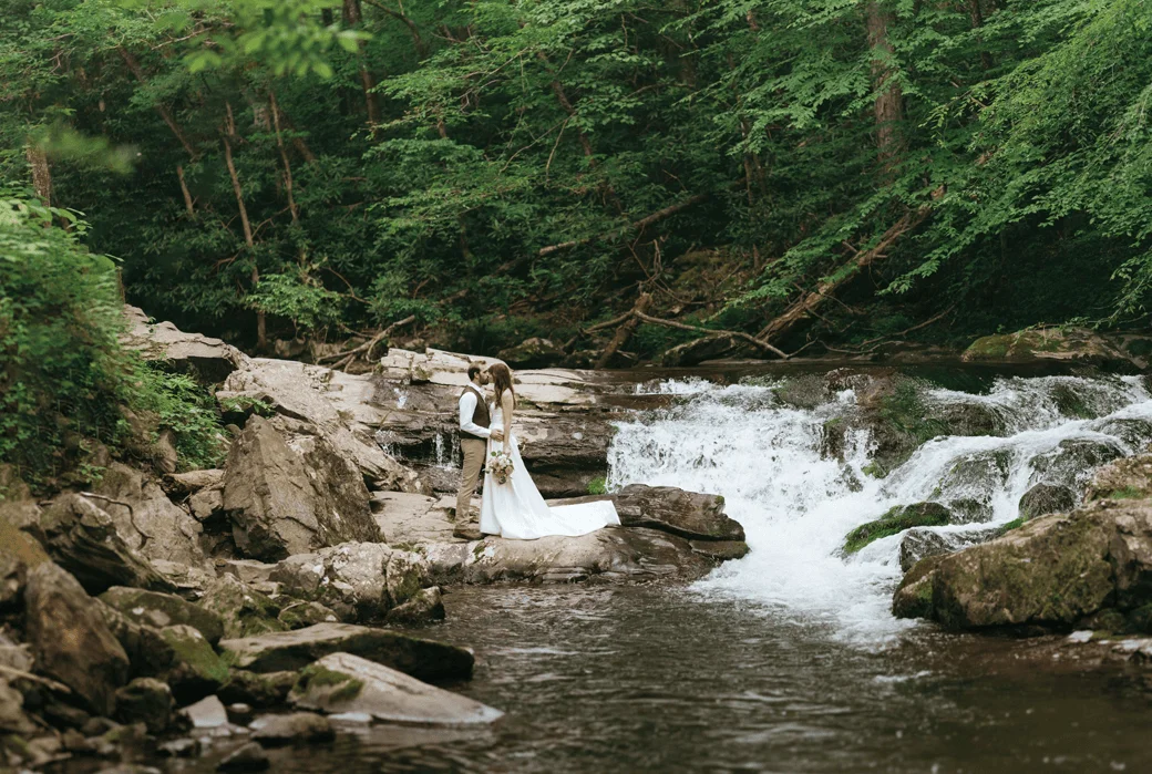 A bride and groom stand on rocks by a flowing stream, surrounded by green trees.